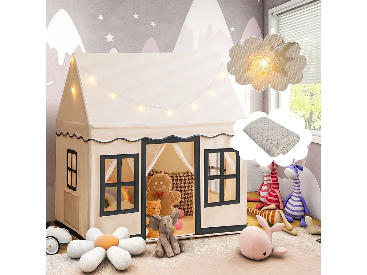 Tenda da gioco per bambini con luci a stella tappetino in velluto lavabile, Casetta per interni ed esterni Beige