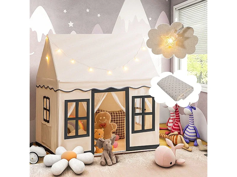 Tenda da gioco per bambini con luci a stella tappetino in velluto lavabile, Casetta per interni ed esterni Beige