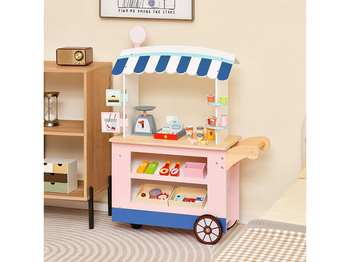 Epicerie Enfant en Bois avec 30 PCS Accessoires Marchande Enfants avec Auvent Supérieur & Poignée de Poussée Motif d'Aliments Mignons 3 Ans+