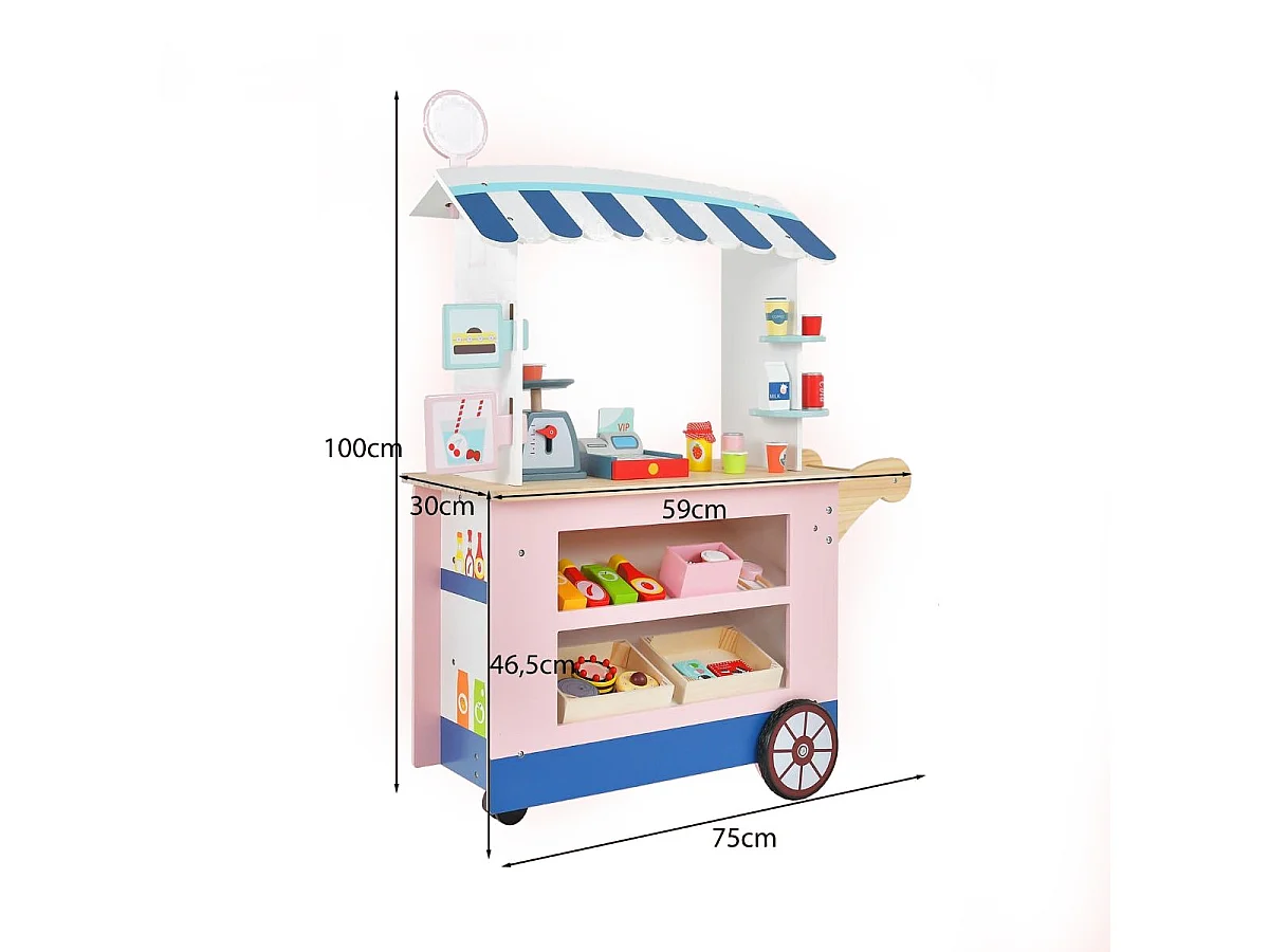 Epicerie Enfant en Bois avec 30 PCS Accessoires Marchande Enfants avec Auvent Supérieur & Poignée de Poussée Motif d'Aliments Mignons 3 Ans+