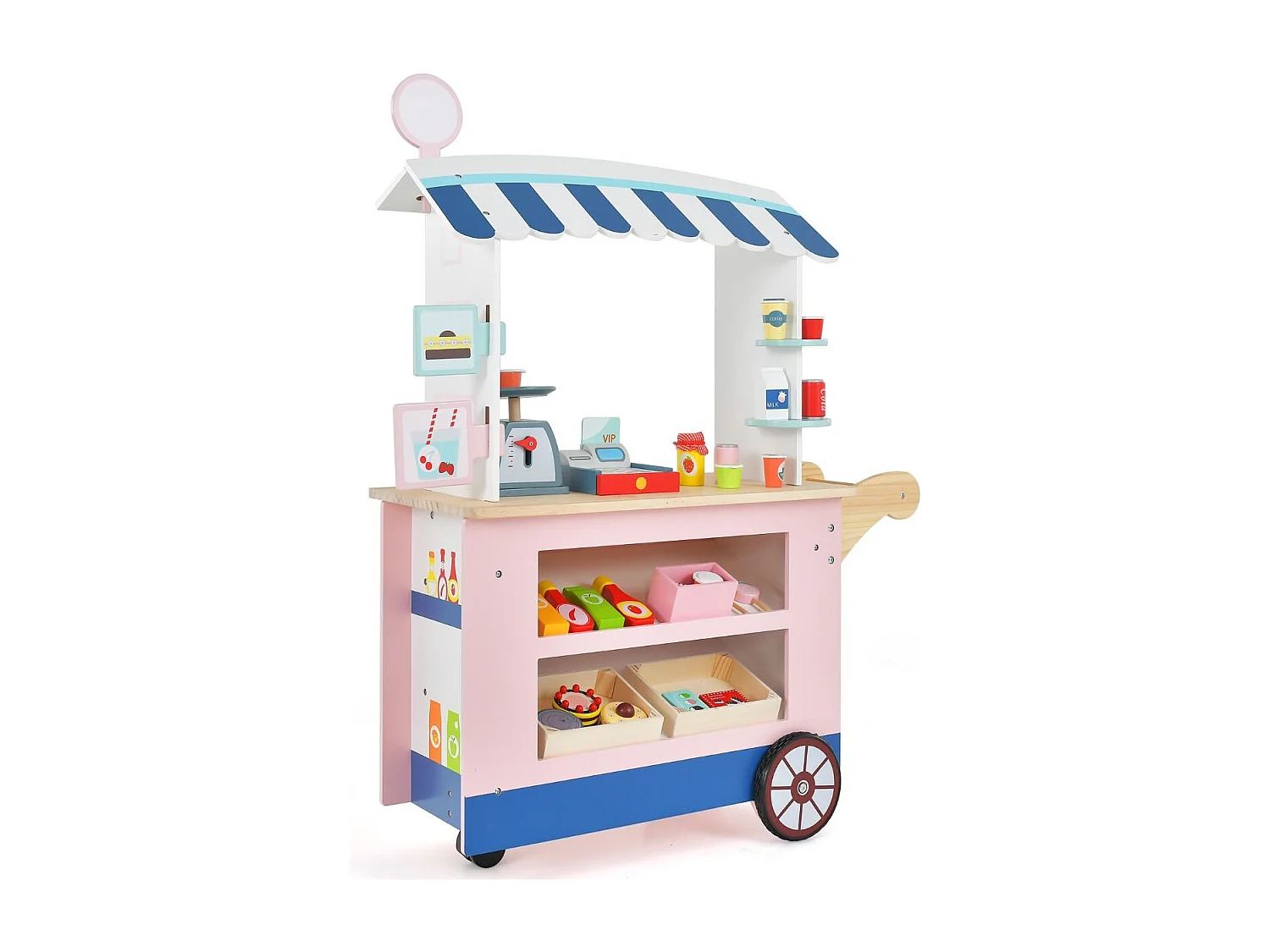 Epicerie Enfant en Bois avec 30 PCS Accessoires Marchande Enfants avec Auvent Supérieur & Poignée de Poussée Motif d'Aliments Mignons 3 Ans+
