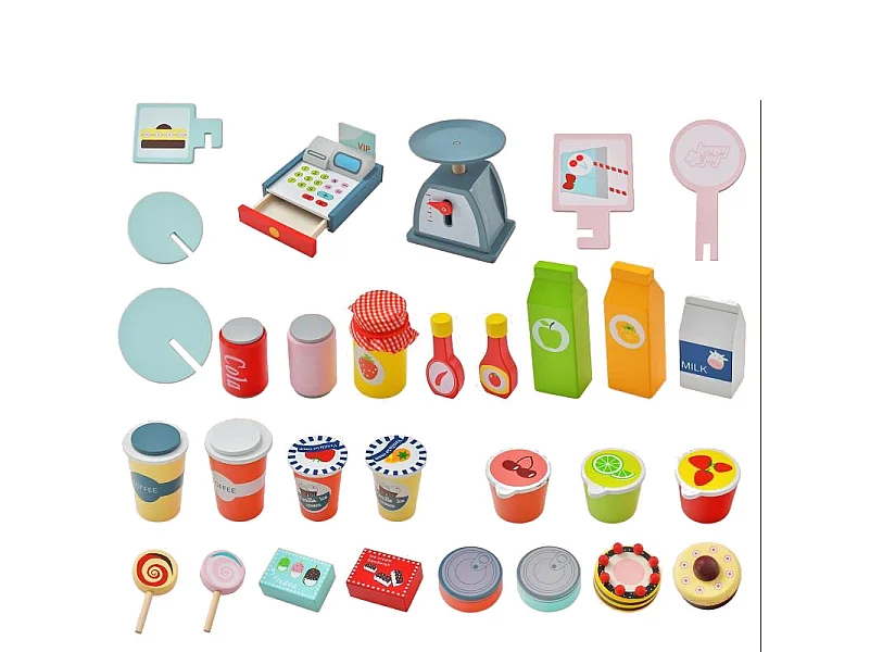Epicerie Enfant en Bois avec 30 PCS Accessoires Marchande Enfants avec Auvent Supérieur & Poignée de Poussée Motif d'Aliments Mignons 3 Ans+