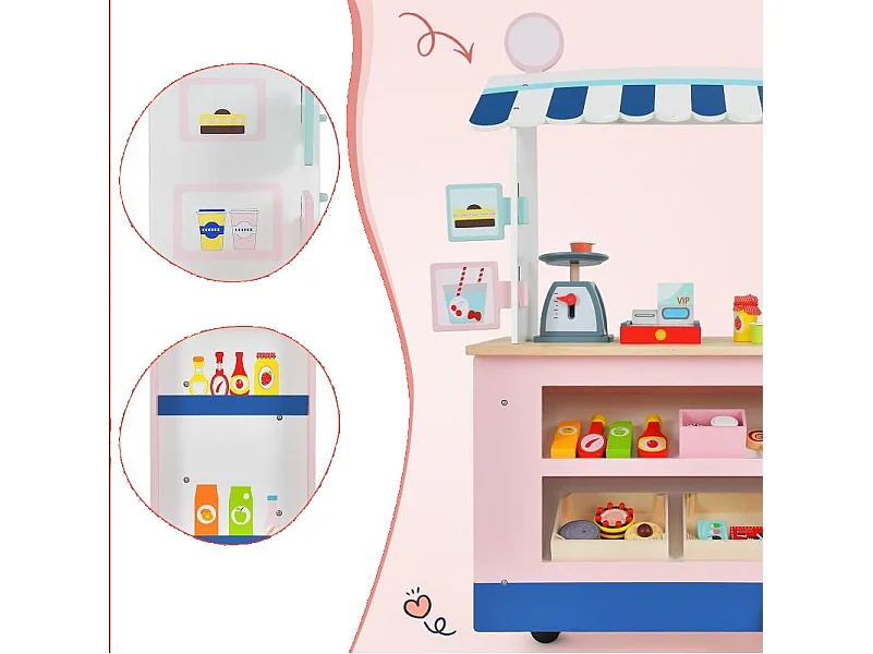 Epicerie Enfant en Bois avec 30 PCS Accessoires Marchande Enfants avec Auvent Supérieur & Poignée de Poussée Motif d'Aliments Mignons 3 Ans+