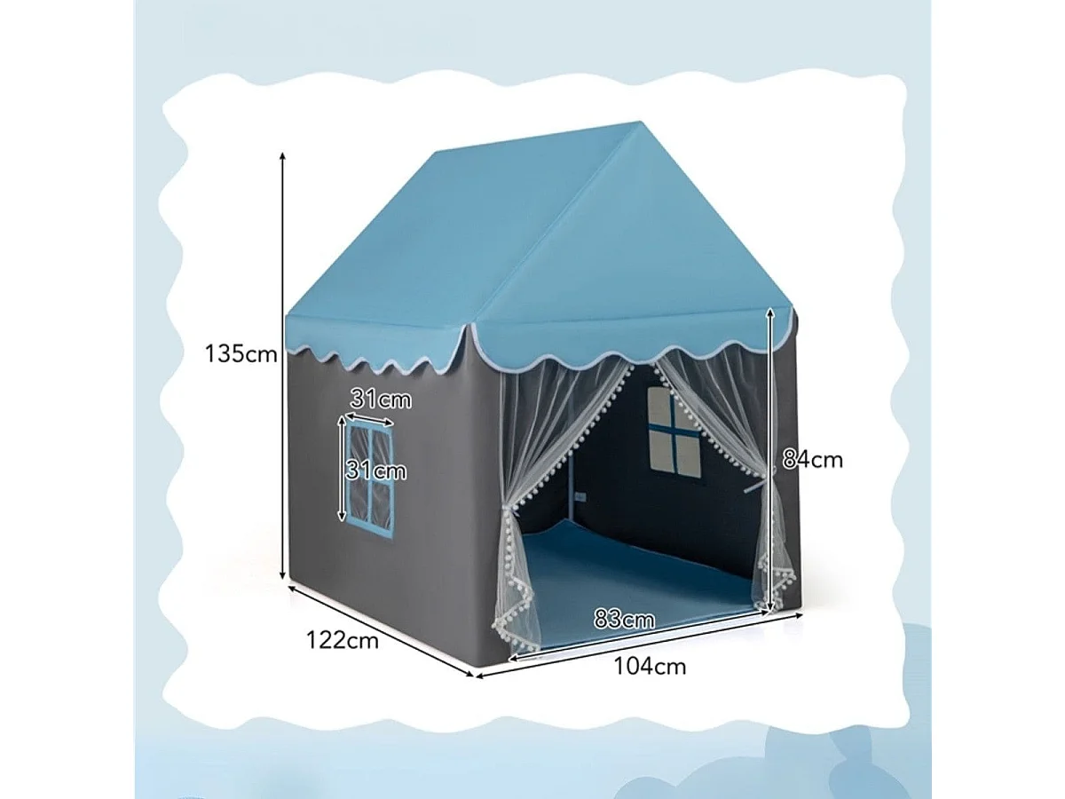 Kinderspielzelt Haus mit Baumwollbodenmatte - Blau, Ab 3 Jahren, Inklusive 200 cm Lichterkette, Stoff: Polyester-Baumwoll-Mischung