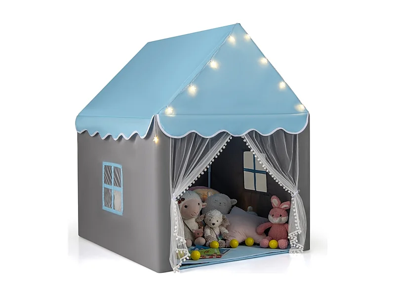 Kinderspielzelt Haus mit Baumwollbodenmatte - Blau, Ab 3 Jahren, Inklusive 200 cm Lichterkette, Stoff: Polyester-Baumwoll-Mischung
