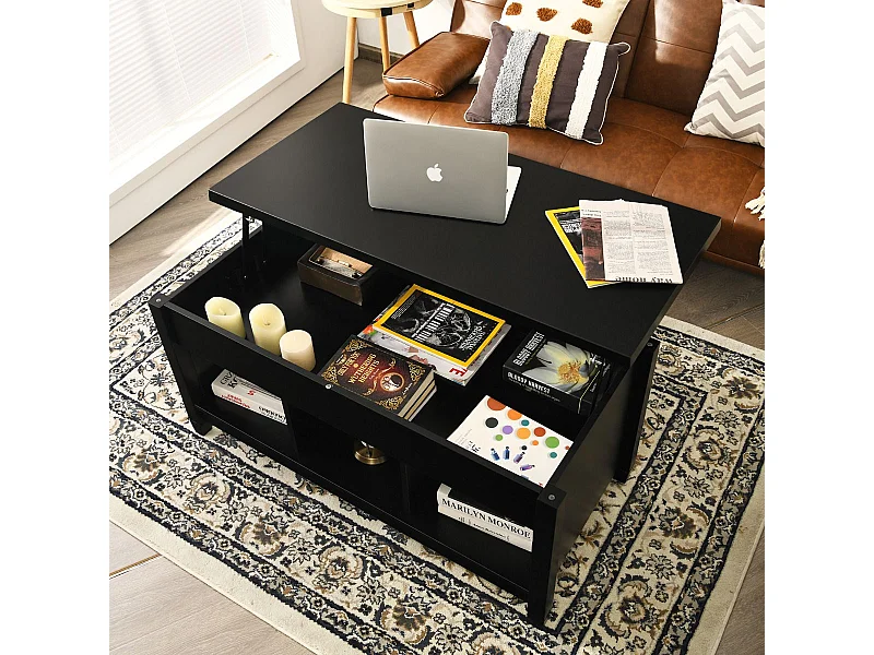 Sofatisch mit Hebeplatte Stauraum & 3 Offene Regale Höhenverstellbar