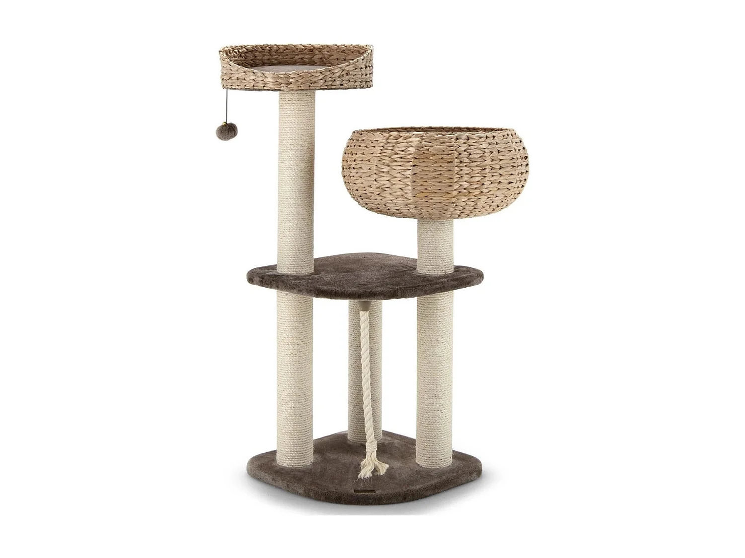 104 cm Katzenbaum aus Holz mit Betten & Spielzeugball & Seil & Sisal umwickelte Säulen