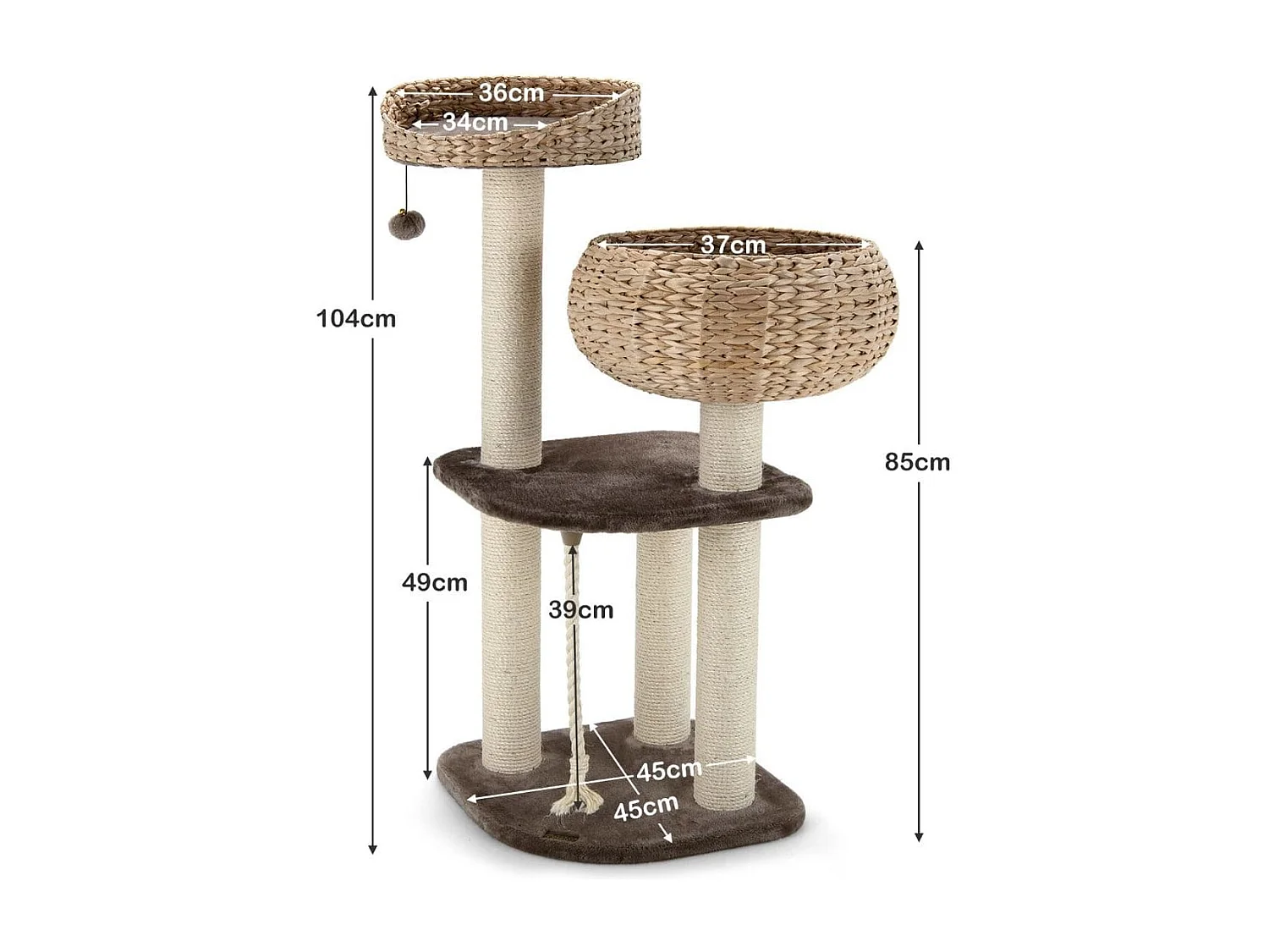 104 cm Katzenbaum aus Holz mit Betten & Spielzeugball & Seil & Sisal umwickelte Säulen