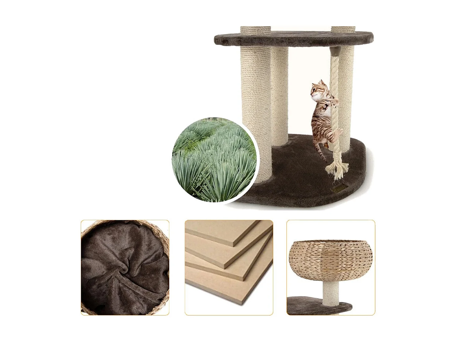 104 cm Katzenbaum aus Holz mit Betten & Spielzeugball & Seil & Sisal umwickelte Säulen