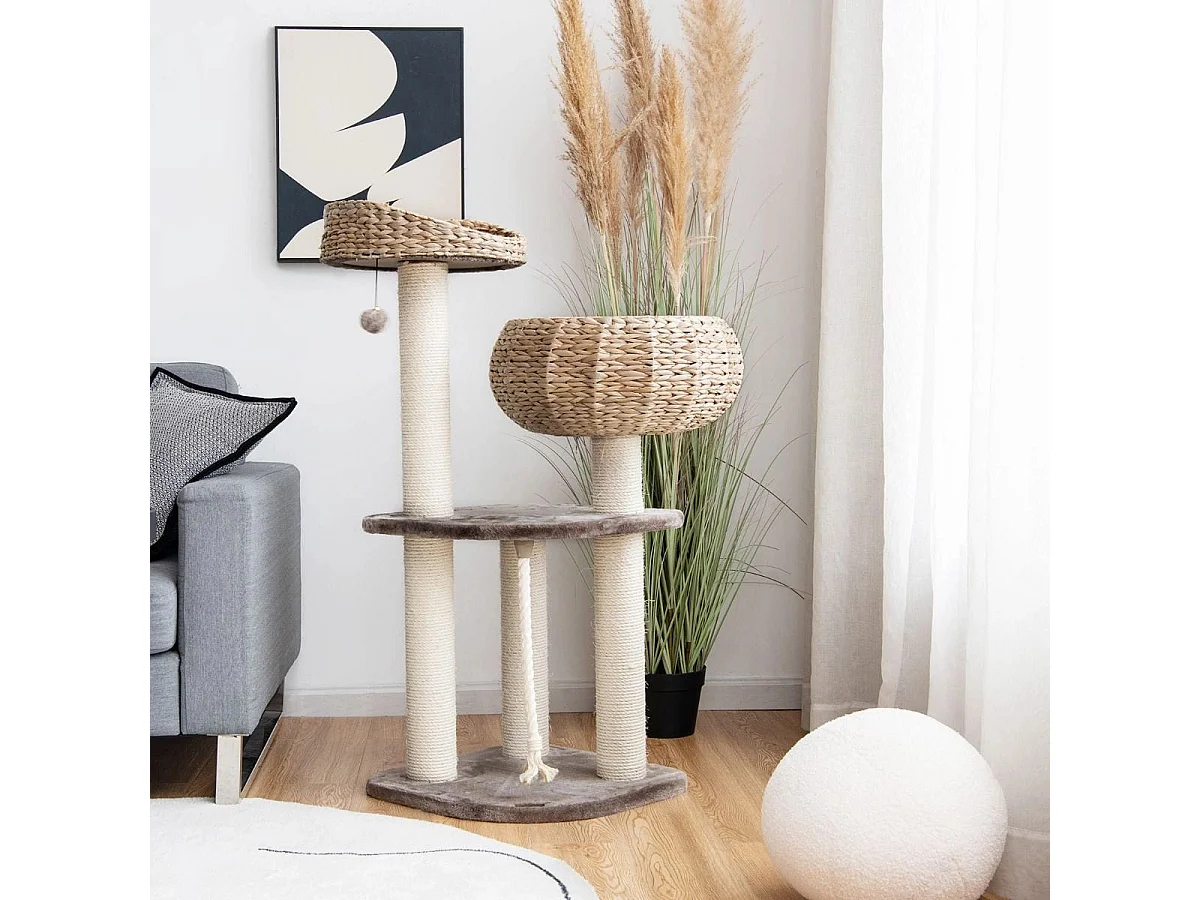 104 cm Katzenbaum aus Holz mit Betten & Spielzeugball & Seil & Sisal umwickelte Säulen