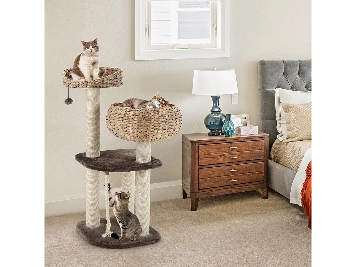 104 cm Katzenbaum aus Holz mit Betten & Spielzeugball & Seil & Sisal umwickelte Säulen