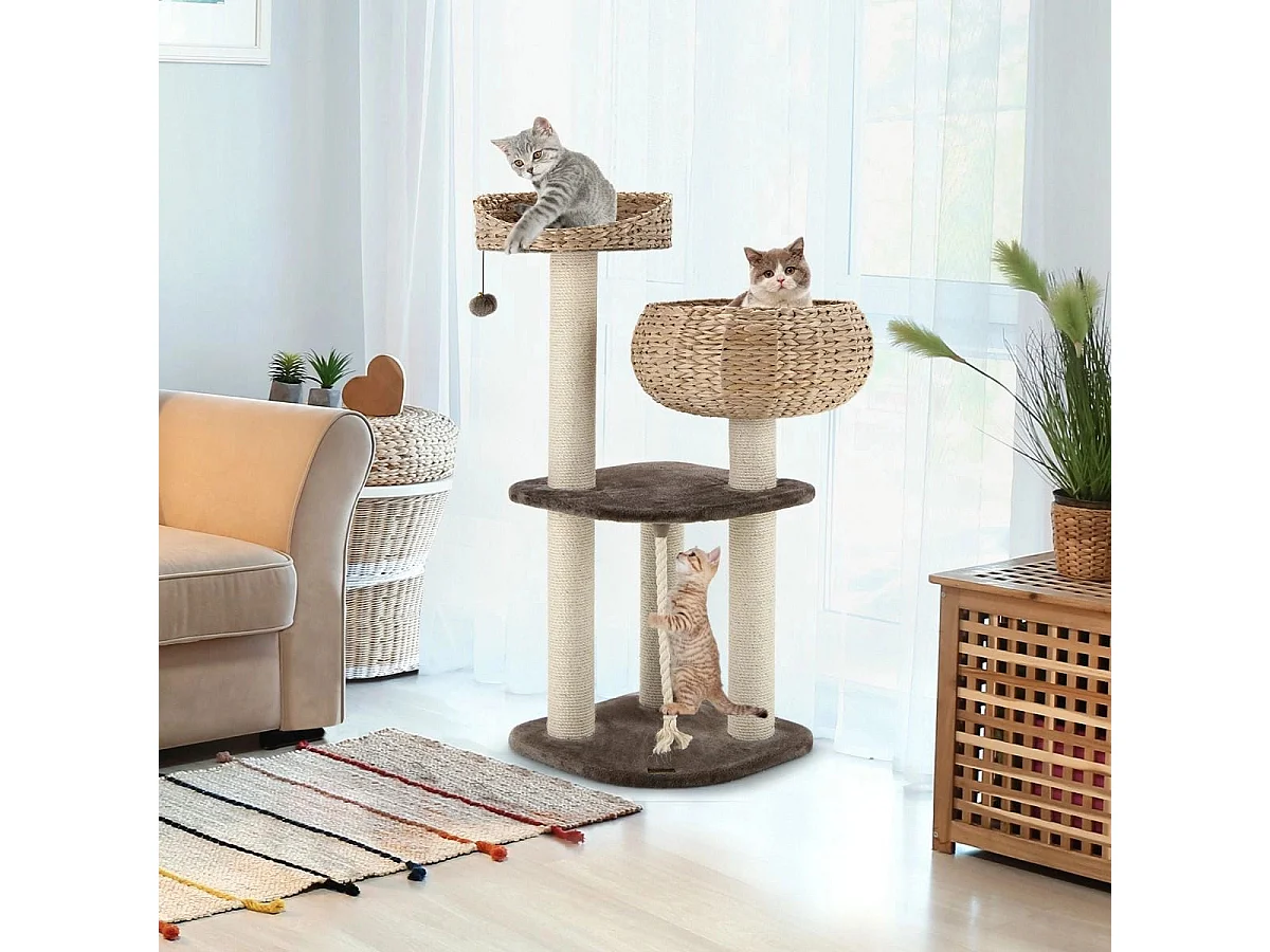 104 cm Katzenbaum aus Holz mit Betten & Spielzeugball & Seil & Sisal umwickelte Säulen