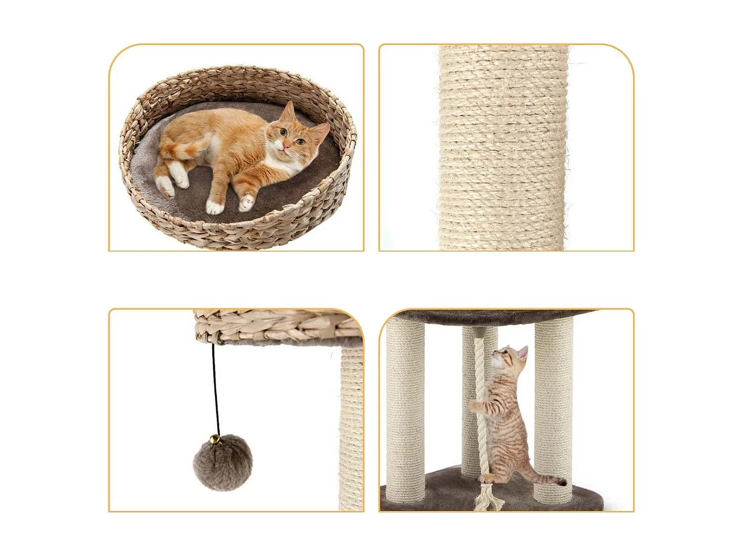 104 cm Katzenbaum aus Holz mit Betten & Spielzeugball & Seil & Sisal umwickelte Säulen