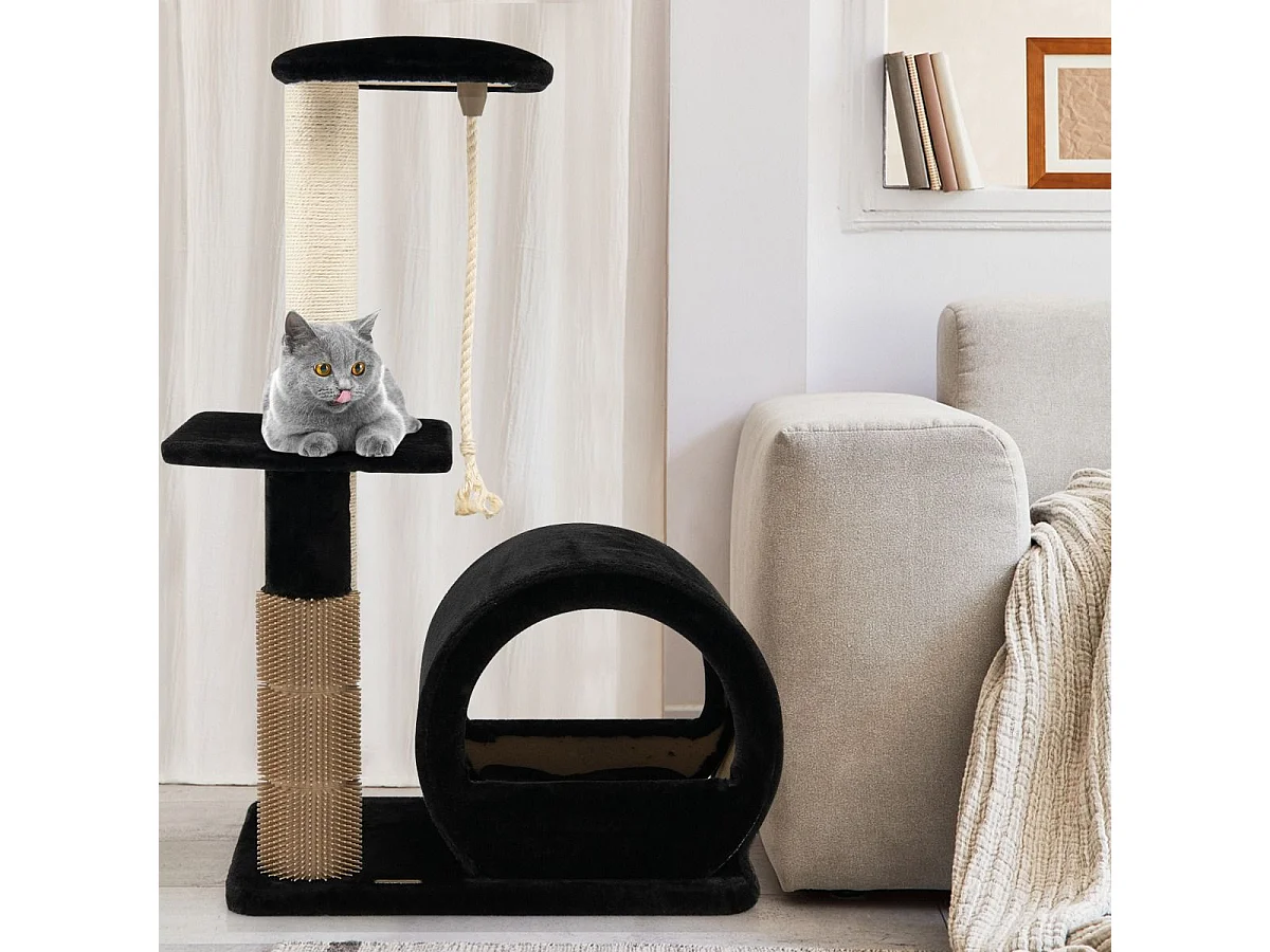 92 cm Kratzbaum mit Höhle & Kratzbrett & Pflegebürste & Ball & Plüschsitz Schwarz