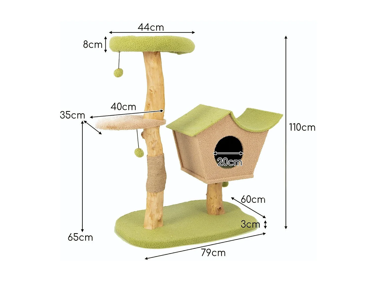 110 cm großer Kratzbaum Katzenturm aus Holz mit gepolsterter Sitzfläche Haus Kratzpfosten Grün 79 x 60 x 110 cm