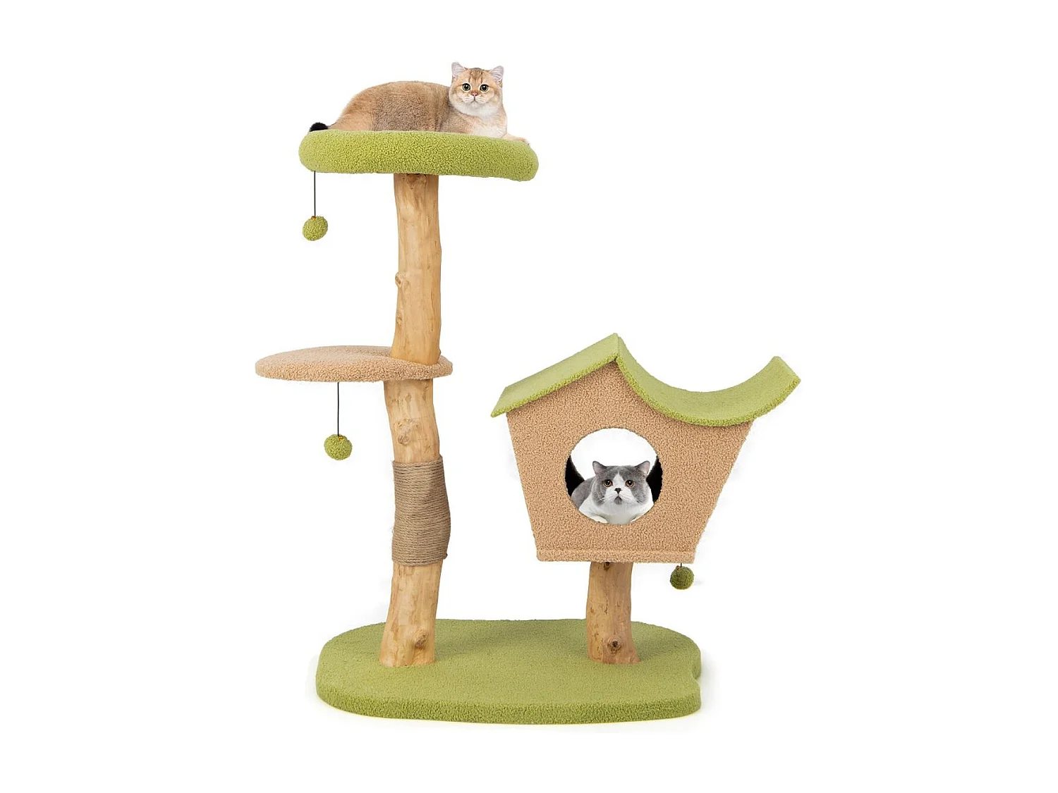 Albero per gatti da 110cm con cuccia imbottita tiragraffi piattaforma di salto, Torre per gatti in legno Verde