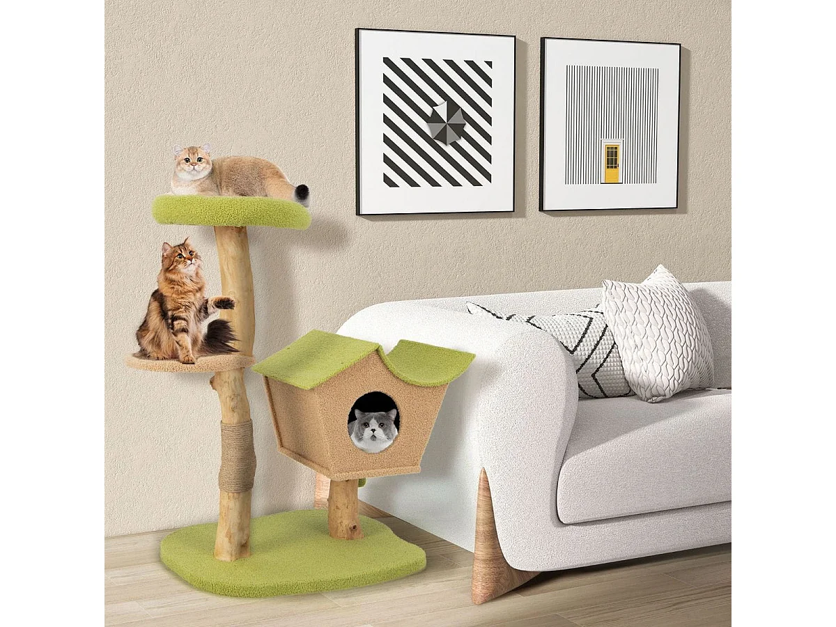 Albero per gatti da 110cm con cuccia imbottita tiragraffi piattaforma di salto, Torre per gatti in legno Verde