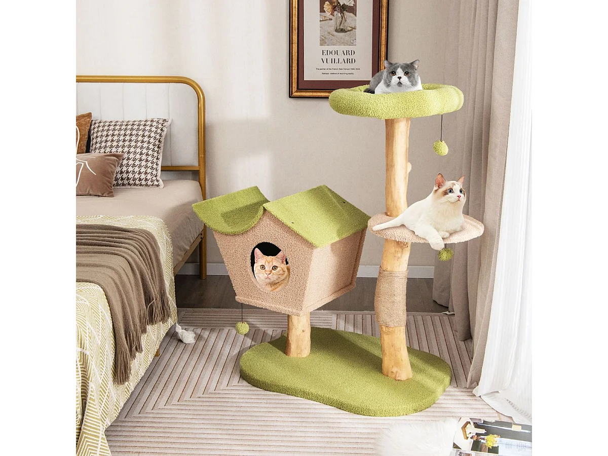 Albero per gatti da 110cm con cuccia imbottita tiragraffi piattaforma di salto, Torre per gatti in legno Verde