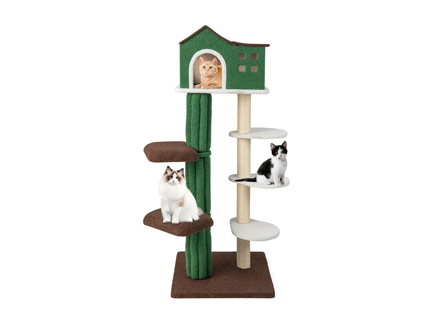Torre per gatti alta 153cm con condominio con tira graffi rivestito in sisal 5 piattaforme, Albero per gatti Verde