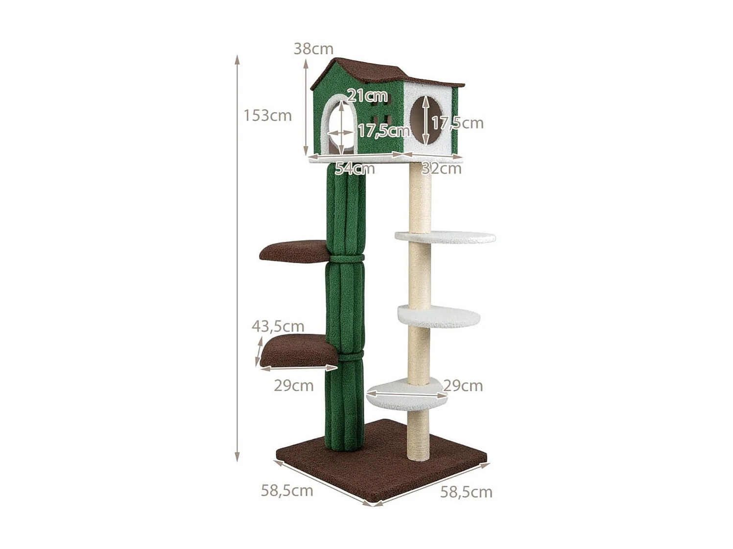 Torre per gatti alta 153cm con condominio con tira graffi rivestito in sisal 5 piattaforme, Albero per gatti Verde