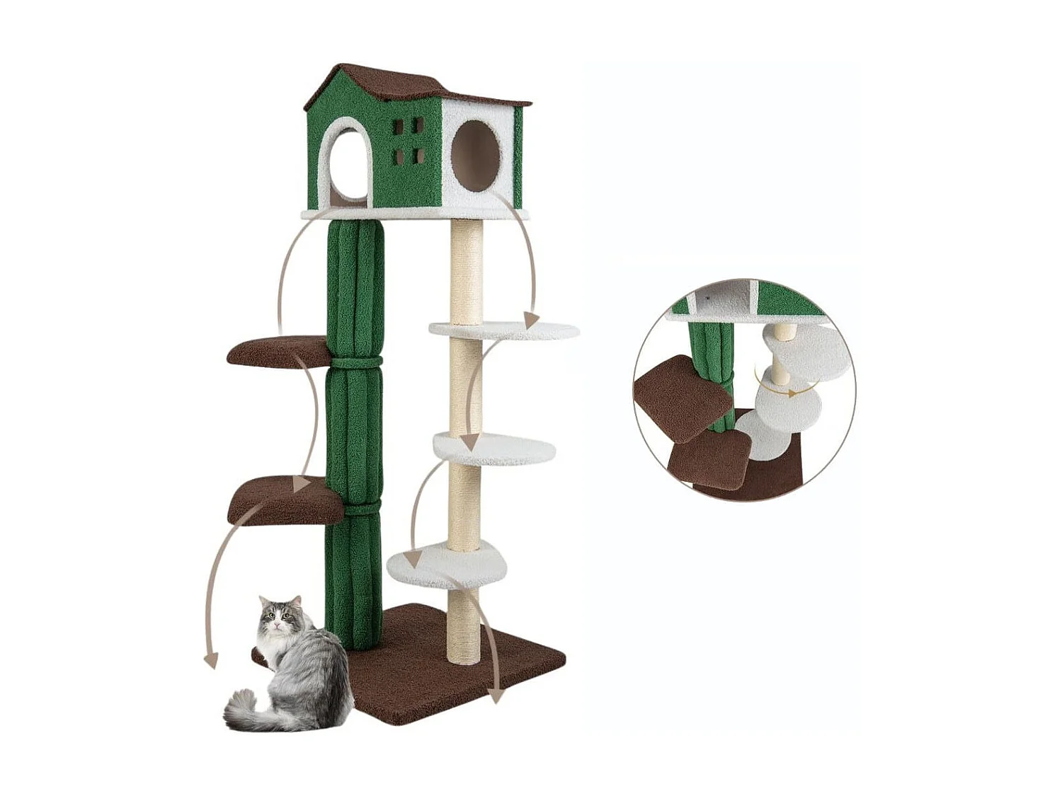 Torre per gatti alta 153cm con condominio con tira graffi rivestito in sisal 5 piattaforme, Albero per gatti Verde