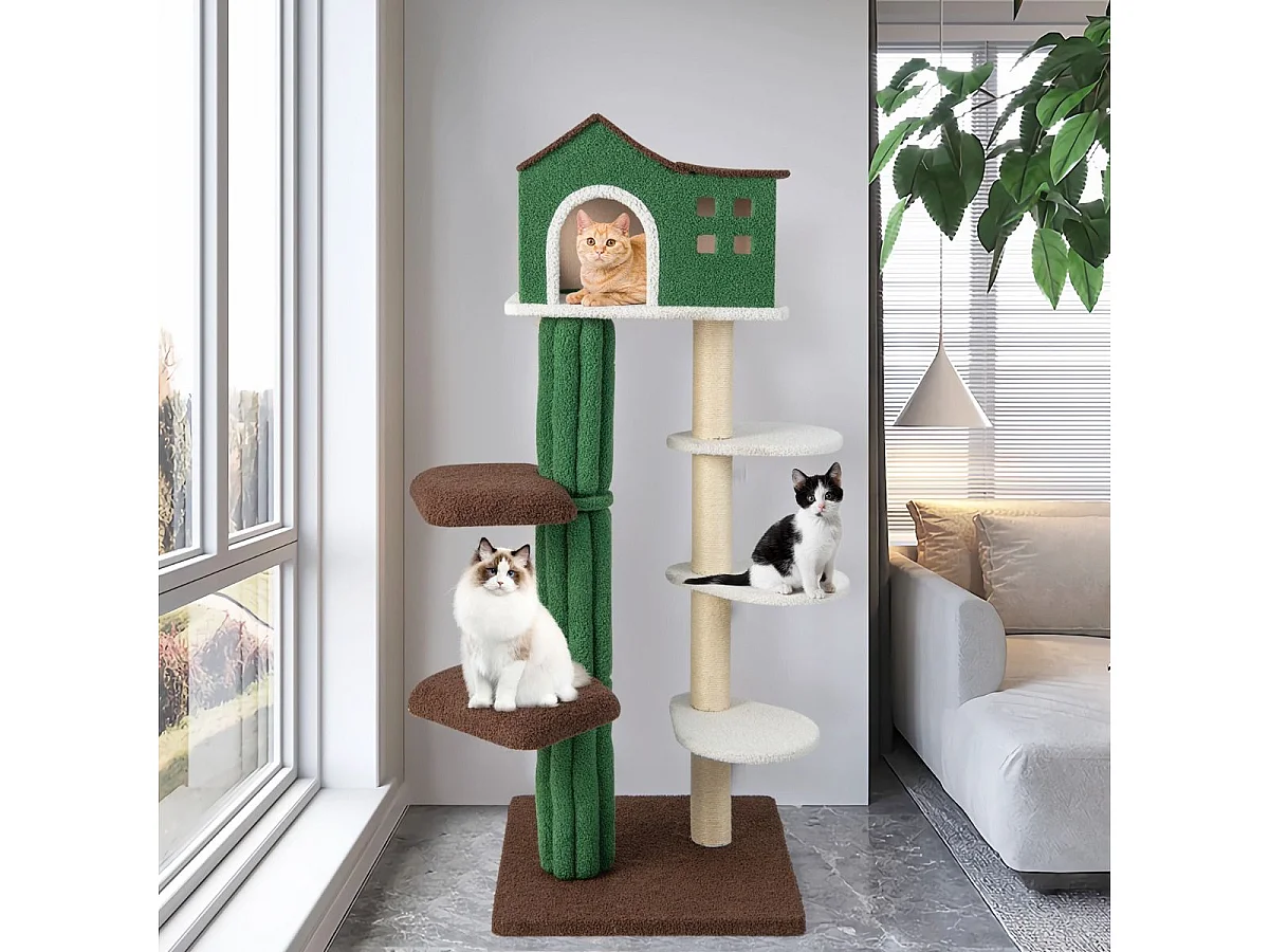 Torre per gatti alta 153cm con condominio con tira graffi rivestito in sisal 5 piattaforme, Albero per gatti Verde