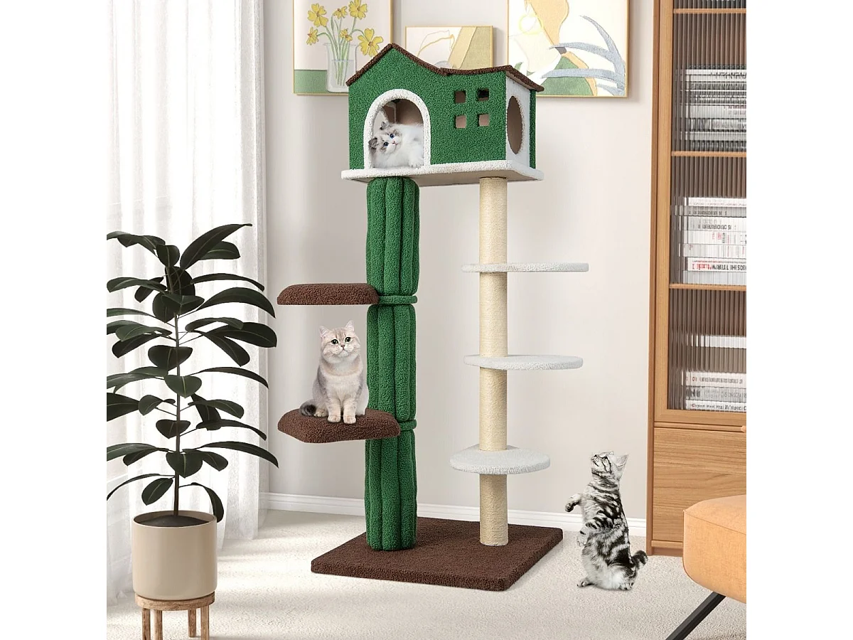 Torre per gatti alta 153cm con condominio con tira graffi rivestito in sisal 5 piattaforme, Albero per gatti Verde