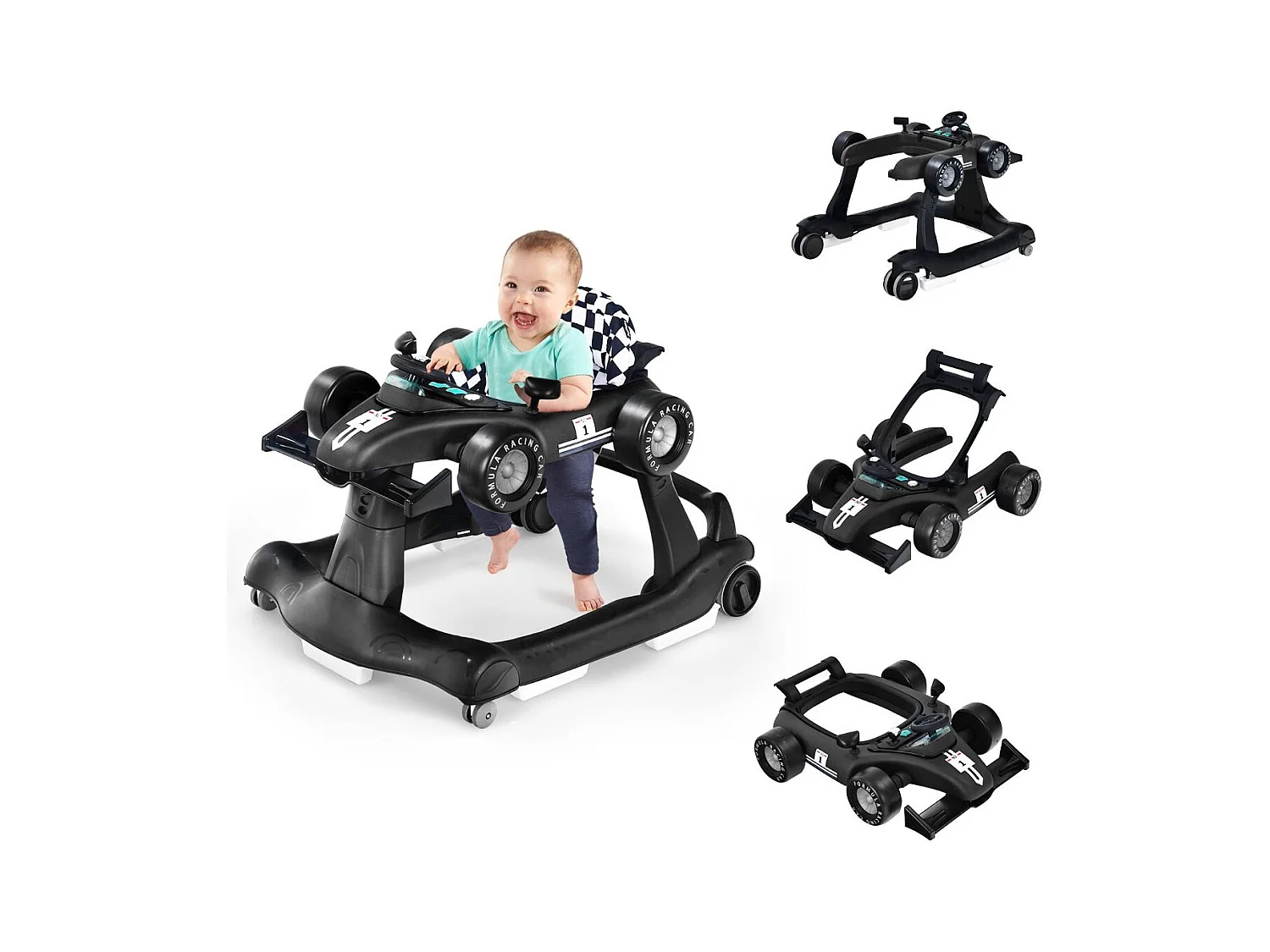 Trotteur Pliable 4 en 1 Pousseur Hauteur et Vitesse Réglables Boîte à Musique avec Lumière Volant Apparence de Voiture Noir