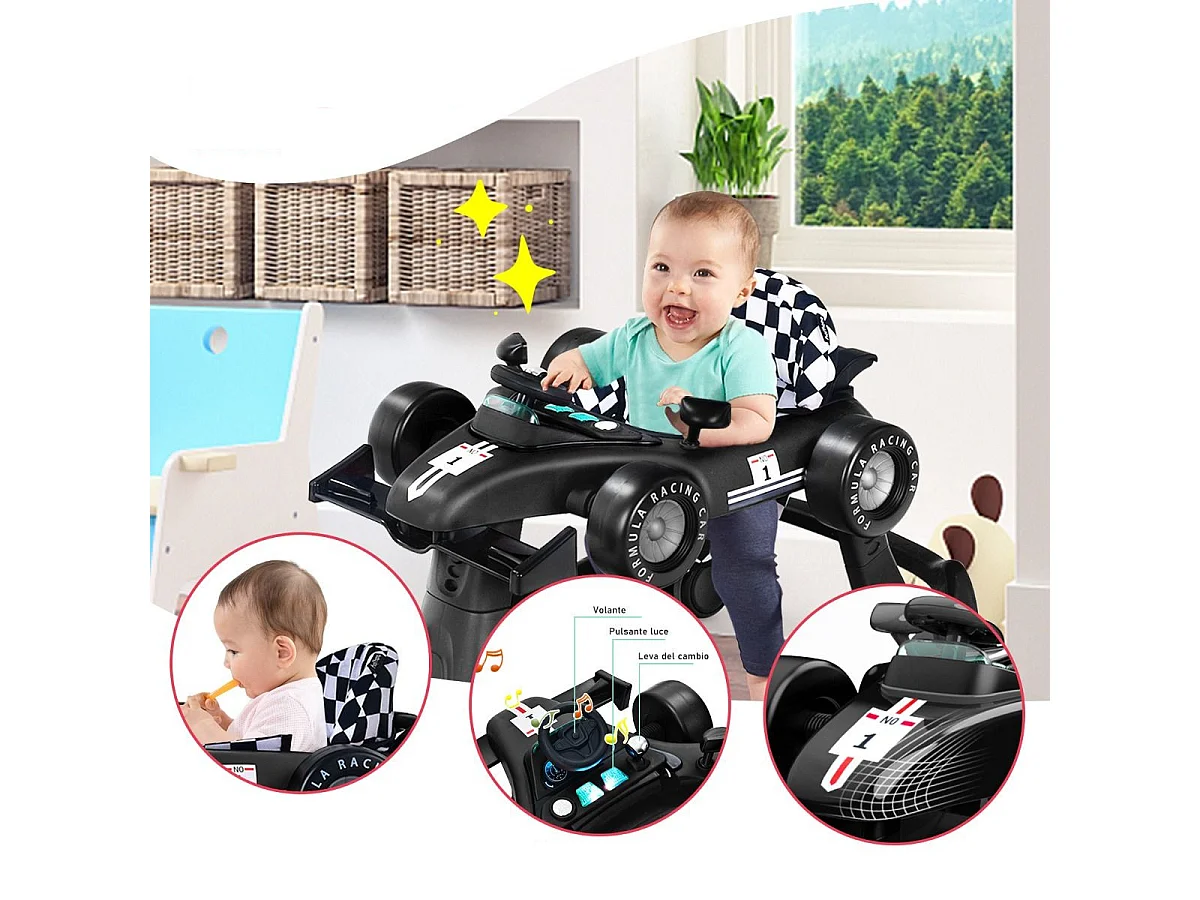 Primi passi 4 in 1 per bambini con altezza e velocità regolabili, Primi passi a spinta con carillon con luci Nero