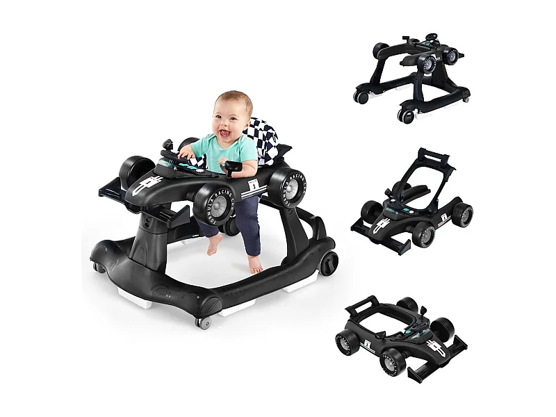 Trotteur Pliable 4 en 1 Pousseur Hauteur et Vitesse Réglables Boîte à Musique avec Lumière Volant Apparence de Voiture Noir