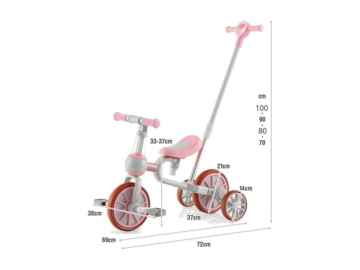 Kinderrad 4-in-1-Vorschulrad mit Eltern-Schiebegriff 37 x 72 x 101 cm Rosa