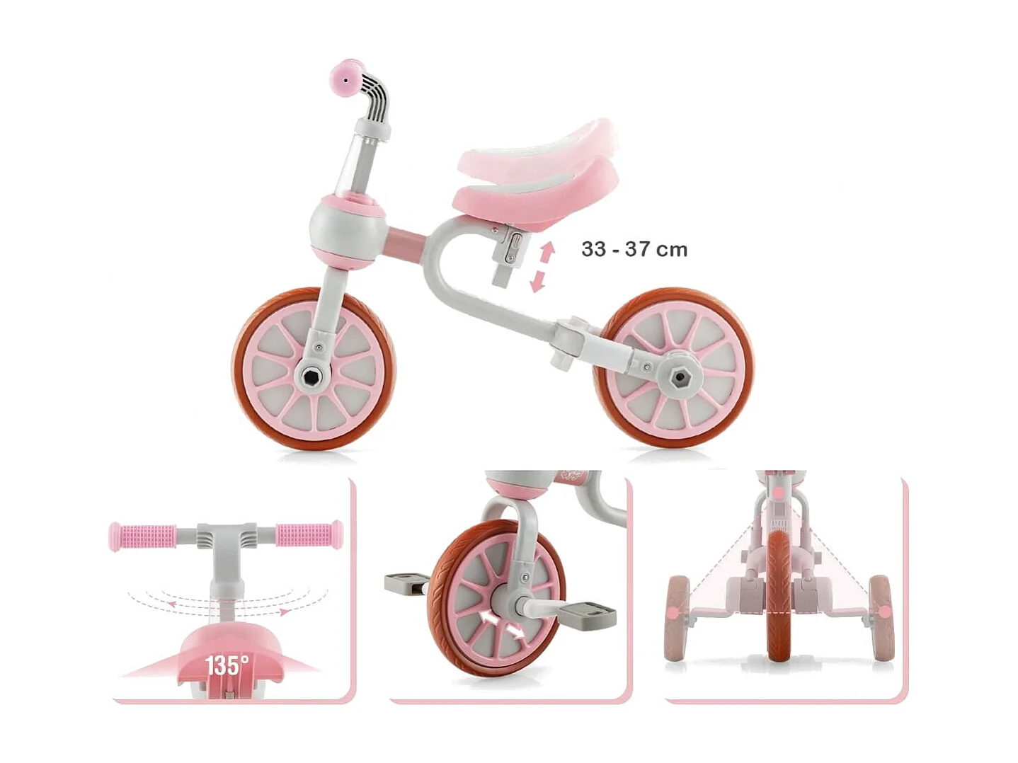 Kinderrad 4-in-1-Vorschulrad mit Eltern-Schiebegriff 37 x 72 x 101 cm Rosa