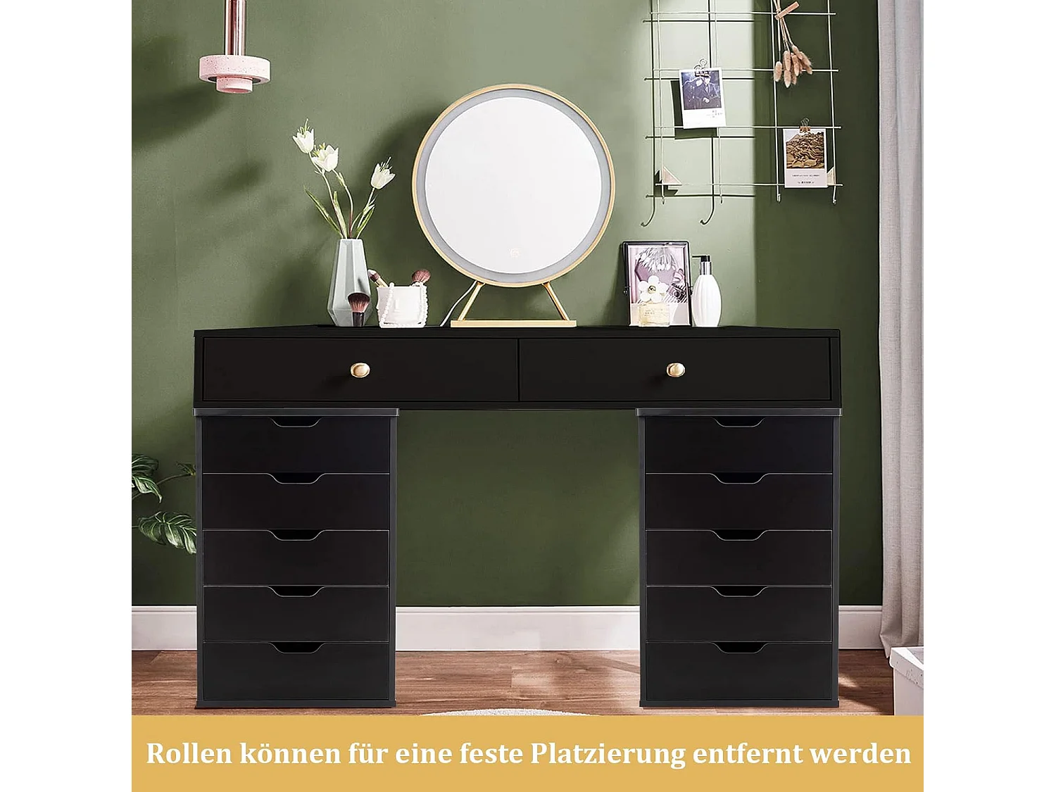 Rollcontainer mit 5 Schubladen, mobiler Aktenschrank mit Rädern, Bürocontainer Schubladenschrank Rollschrank Rollwagen, Schubladenkommode für Zuhause Büro (Schwarz)