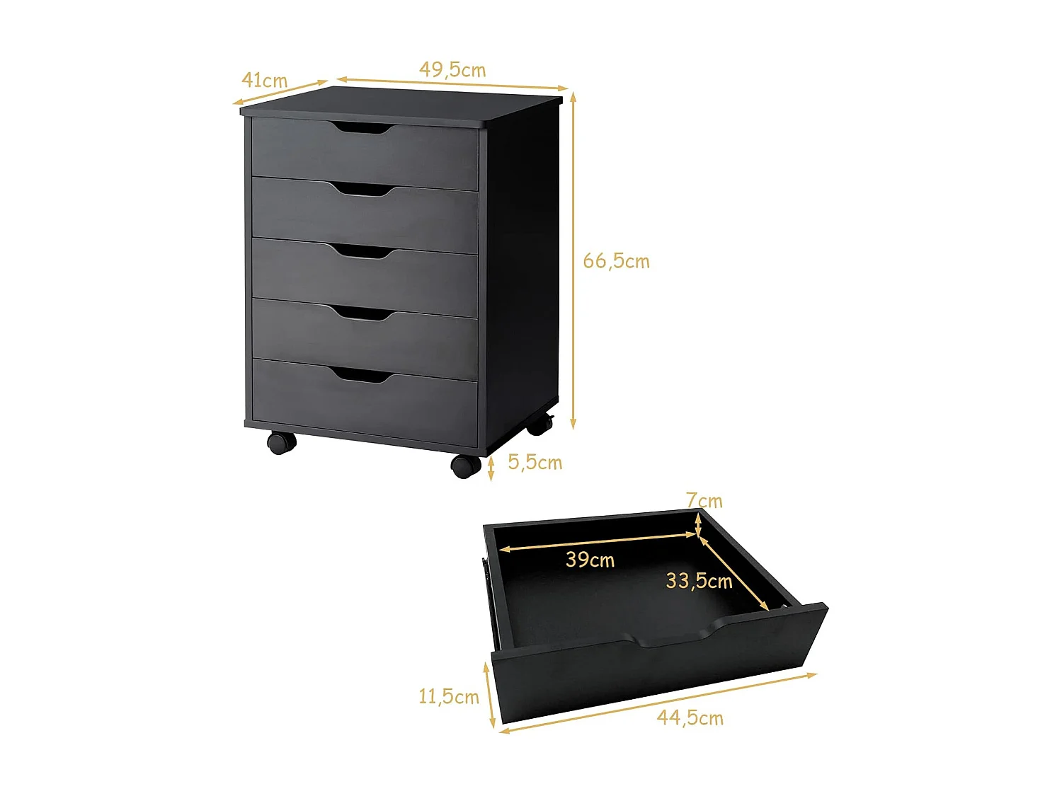 Rollcontainer mit 5 Schubladen, mobiler Aktenschrank mit Rädern, Bürocontainer Schubladenschrank Rollschrank Rollwagen, Schubladenkommode für Zuhause Büro (Schwarz)