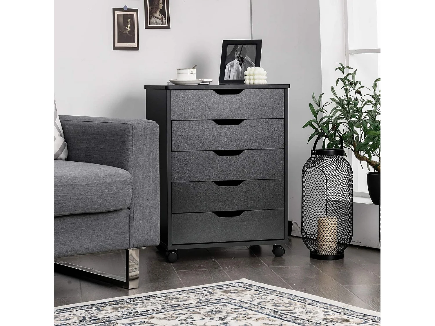 Rollcontainer mit 5 Schubladen, mobiler Aktenschrank mit Rädern, Bürocontainer Schubladenschrank Rollschrank Rollwagen, Schubladenkommode für Zuhause Büro (Schwarz)
