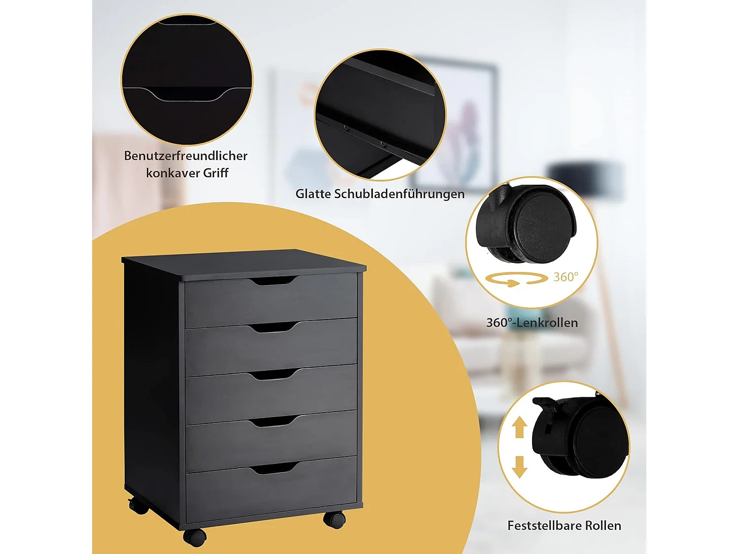 Rollcontainer mit 5 Schubladen, mobiler Aktenschrank mit Rädern, Bürocontainer Schubladenschrank Rollschrank Rollwagen, Schubladenkommode für Zuhause Büro (Schwarz)