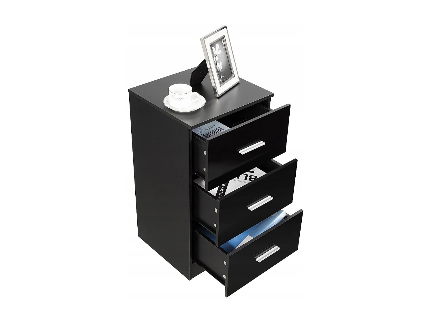 Table de Chevet  Meuble de Rangement avec 3 Tiroirs Caisson de Bureau Noir