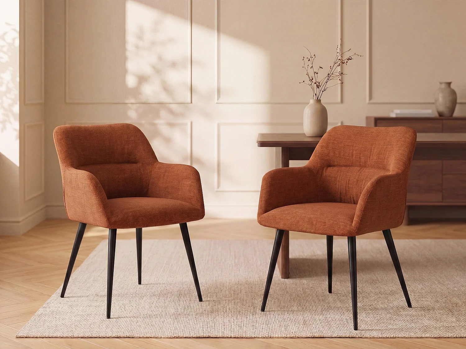 Lot de 6 chaises avec accoudoirs en tissu et métal noir - Terracotta - HEKA