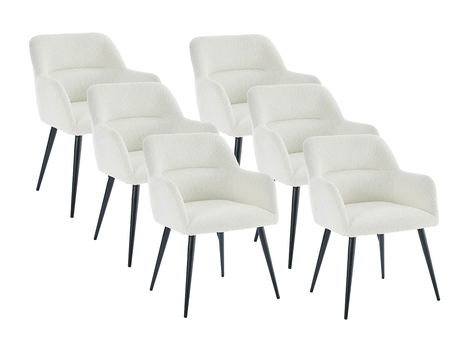 Lot de 6 chaises avec accoudoirs en tissu bouclette et métal noir - Blanc - HEKA