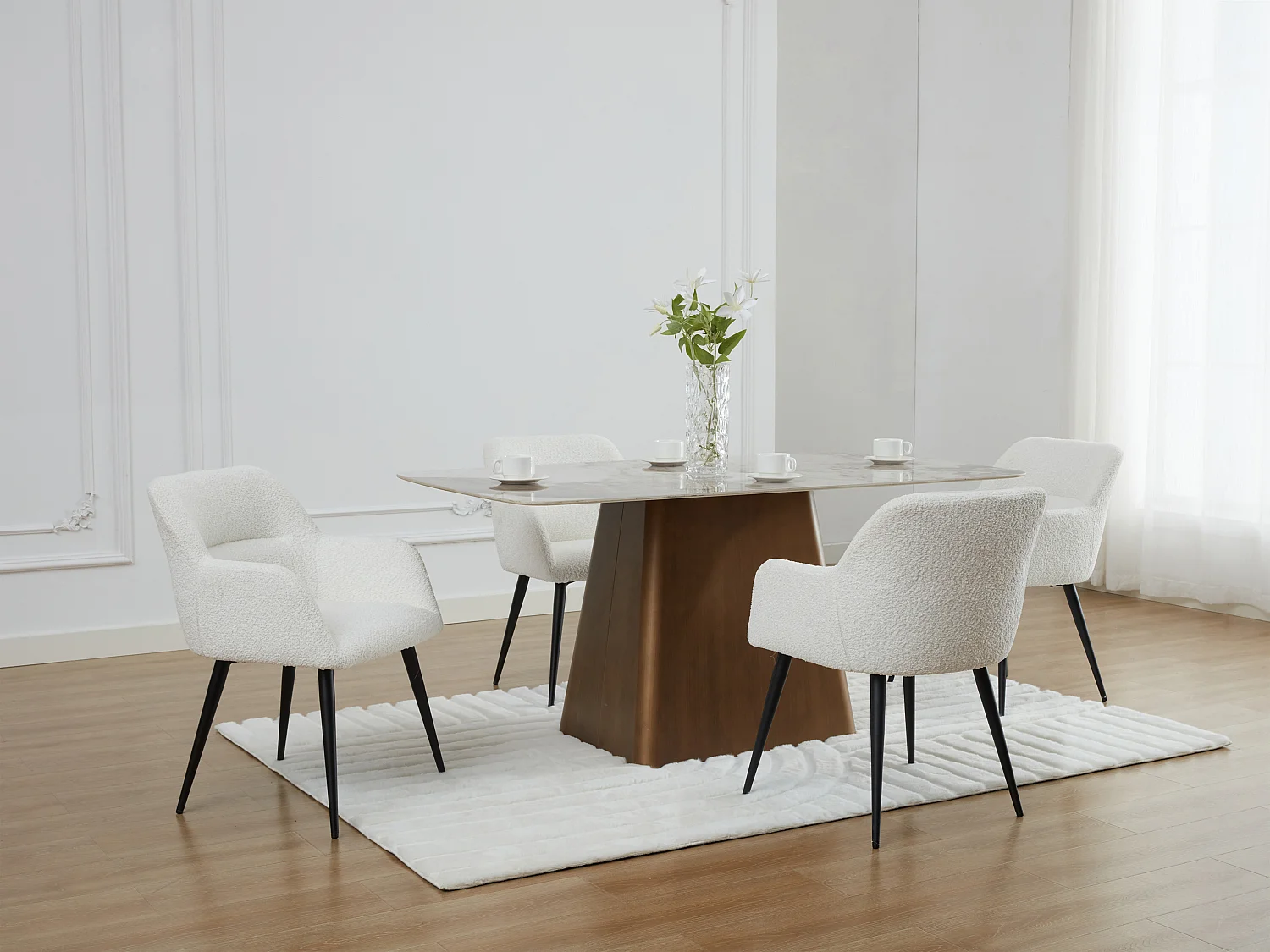 Lot de 6 chaises avec accoudoirs en tissu bouclette et métal noir - Blanc - HEKA