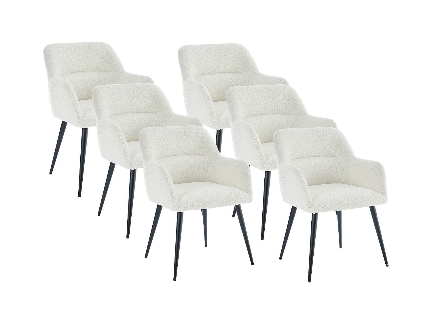 Lot de 6 chaises avec accoudoirs en tissu bouclette et métal noir - Blanc - HEKA