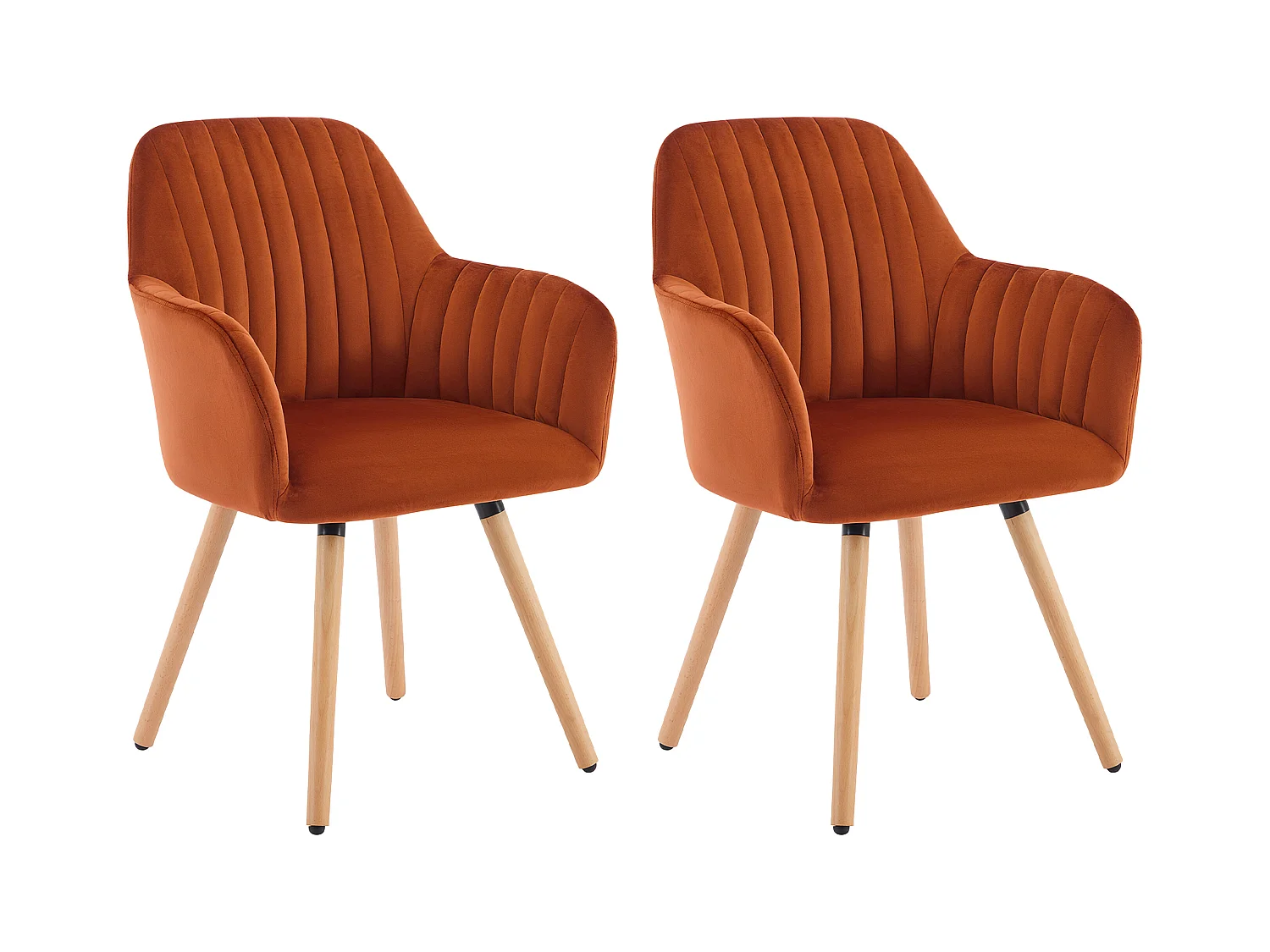 Lot de 2 chaises avec accoudoirs en velours et pieds bois de hêtre - Terracotta - ELEANA