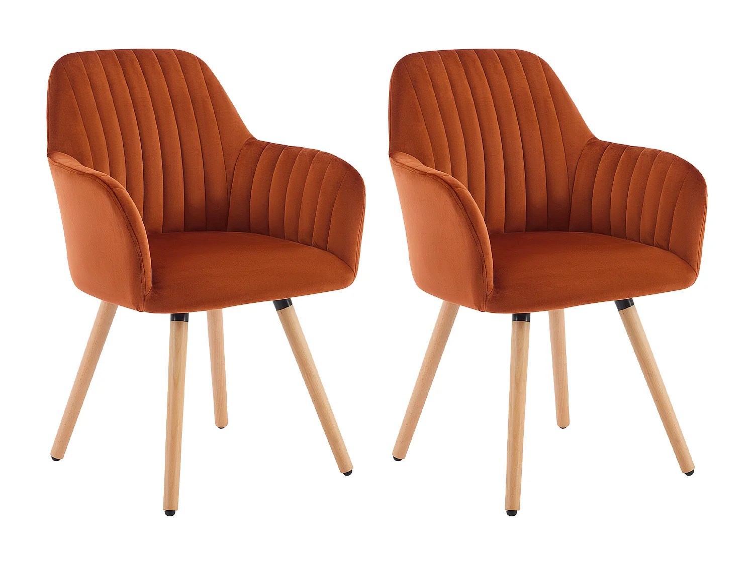 Lot de 2 chaises avec accoudoirs en velours et pieds bois de hêtre - Terracotta - ELEANA