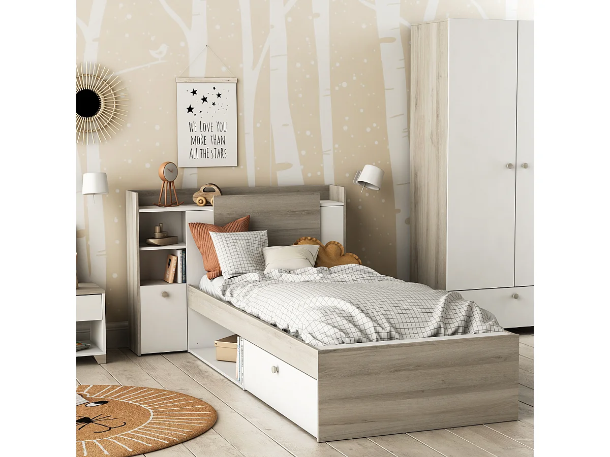 Lit en 90x190/200 cm 1 tiroir et 1 niche - L124,5 cm