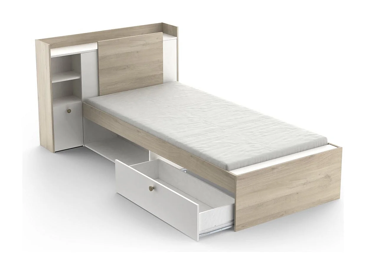 Letto 90x190/200 cm con 1 cassetto e 1 nicchia - L124,5 cm