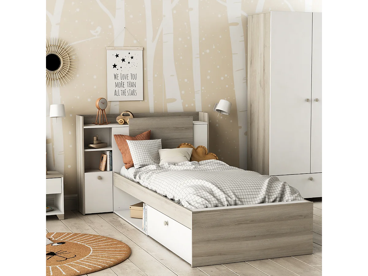 Letto 90x190/200 cm con 1 cassetto e 1 nicchia - L124,5 cm