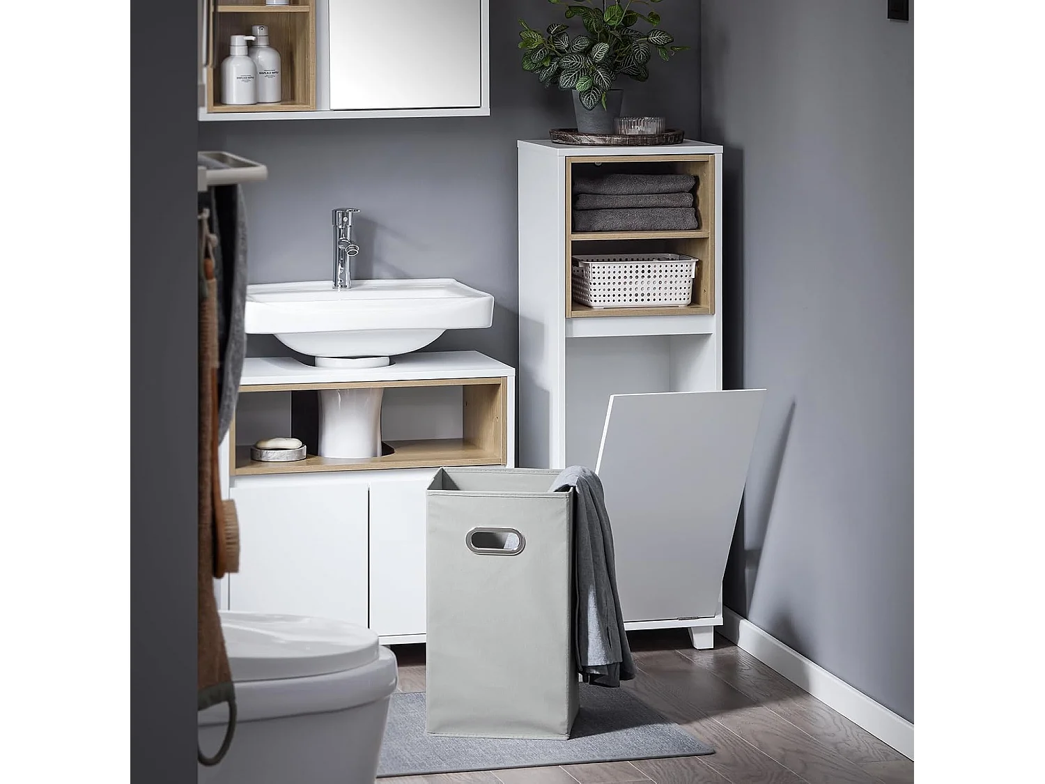 SoBuy Mobiletto da bagno con cesto portabiancheria Mobiletto salvaspazio Cassettiera Bagno Bianco 35x30x105cm BZR146-W