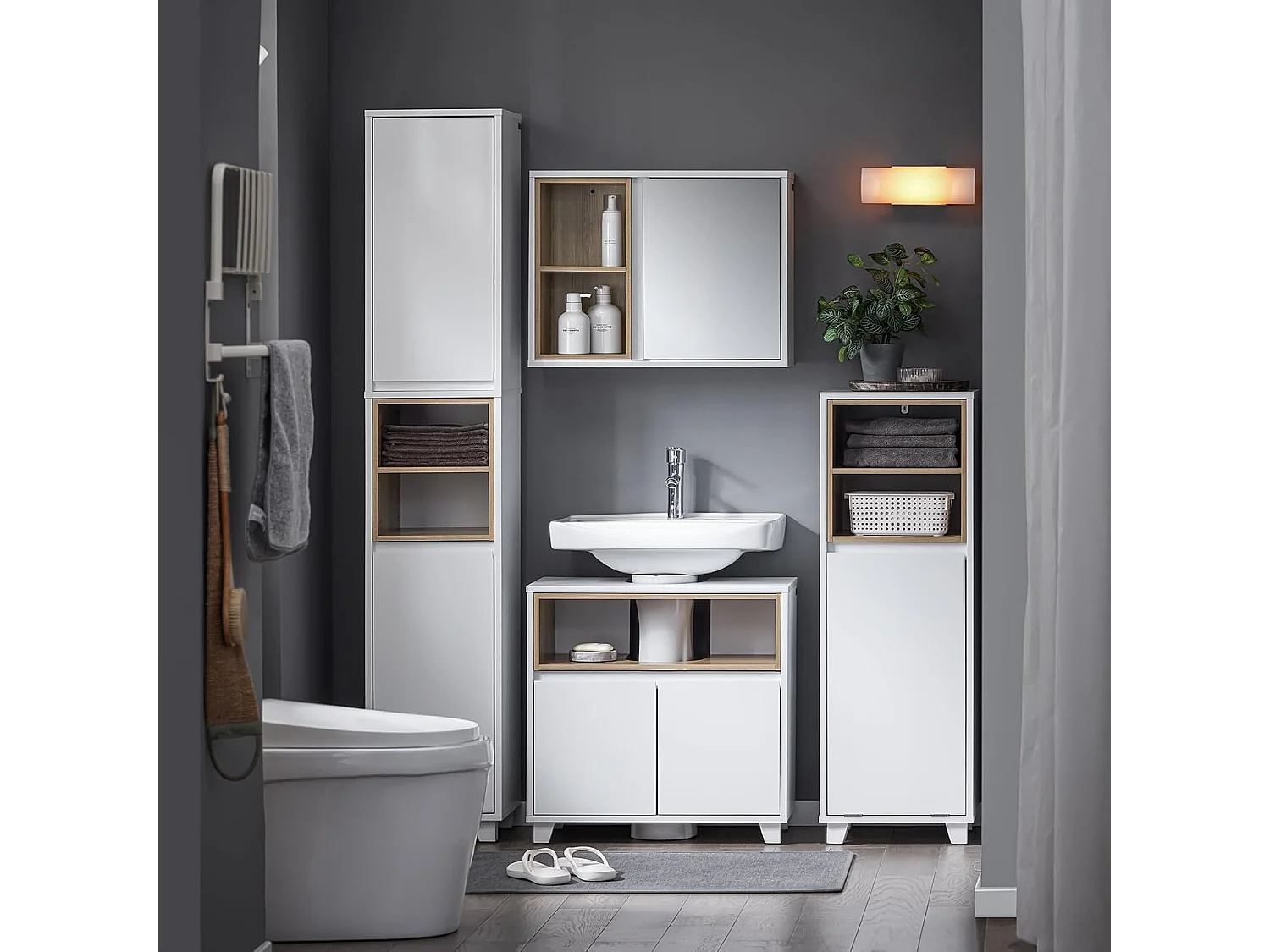 SoBuy BZR146-W Meuble Bas de Salle de Bain, Armoire de Rangement Salle de Bain, Placard WC Étroit avec 1 Panier à Linge