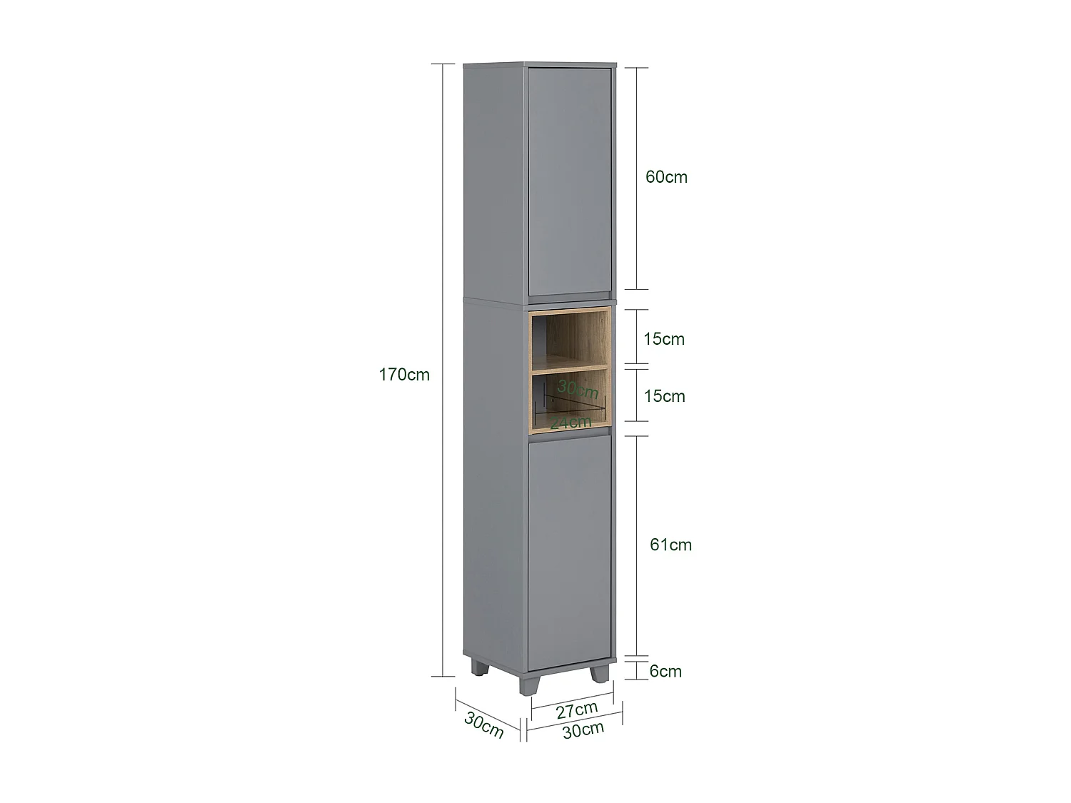 SoBuy BZR147-DG Meuble Colonne Armoire de Salle de Bain Étagère Étroite Meuble de Rangement Salle de Bain avec 2 Portes et 2 Compartiments, 30 x 30 x 170 cm, Gris
