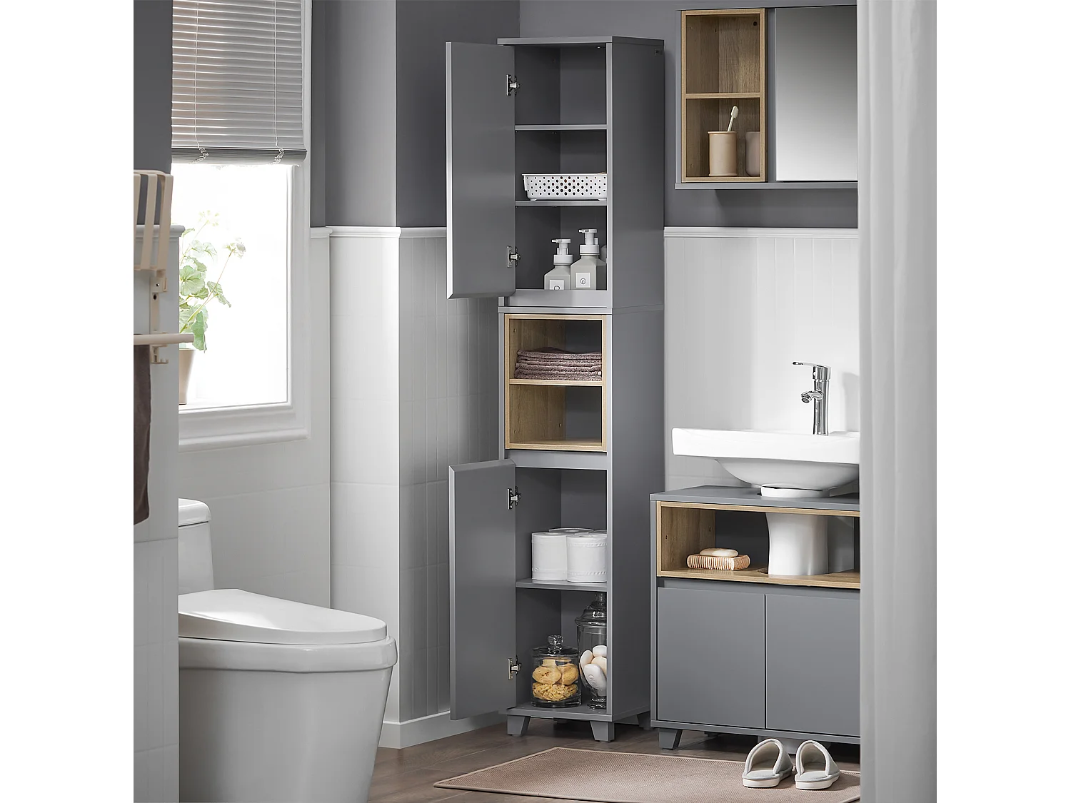 SoBuy BZR147-DG Meuble Colonne Armoire de Salle de Bain Étagère Étroite Meuble de Rangement Salle de Bain avec 2 Portes et 2 Compartiments, 30 x 30 x 170 cm, Gris
